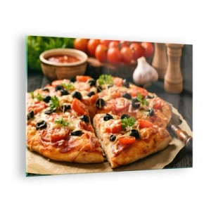 Quadro em vidro - Pizza apetitosa com tomate, azeitonas e ervas - 70x50cm - Direto do forno - Decoração de parede moderna para a sala de estar e quarto ARTTOR