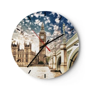 Relógio de parede - Relógio em vidro - O Big Ben e a Ponte do Tâmisa em Londres em um dia ensolarado - 30x30cm - Nuvens emplumadas sobre o Tamisa - Decoração de parede moderna para a sala de estar, cozinha e quarto ARTTOR