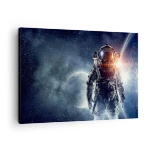 Quadro em tela - Astronauta tendo como pano de fundo o espaço e o planeta Terra - 70x50cm - Aventura espacial - Decoração de parede moderna para a sala de estar e quarto ARTTOR