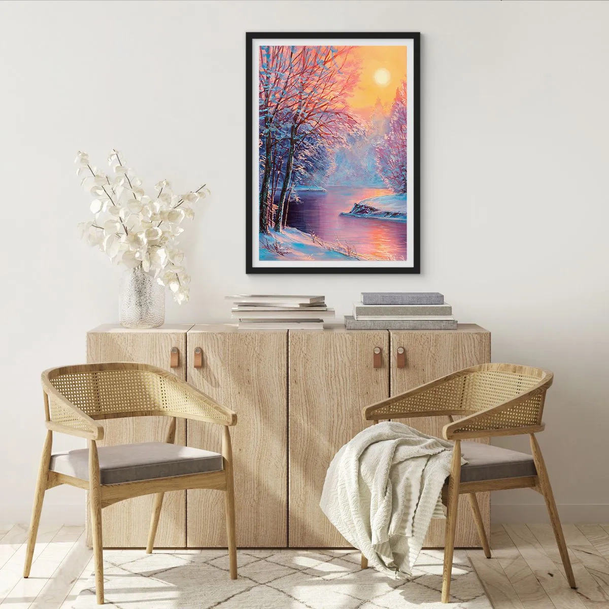 Pôster com moldura preta - Paisagem de inverno com um rio sob o brilho do pôr do sol - 50x70cm - Cores do inverno - Decoração de parede moderna para a sala de estar e quarto ARTTOR