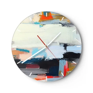 Relógio de parede - Relógio em vidro - Uma composição abstrata de manchas coloridas e listras geométricas. - 30x30cm - Há um método? - Decoração de parede moderna para a sala de estar, cozinha e quarto ARTTOR