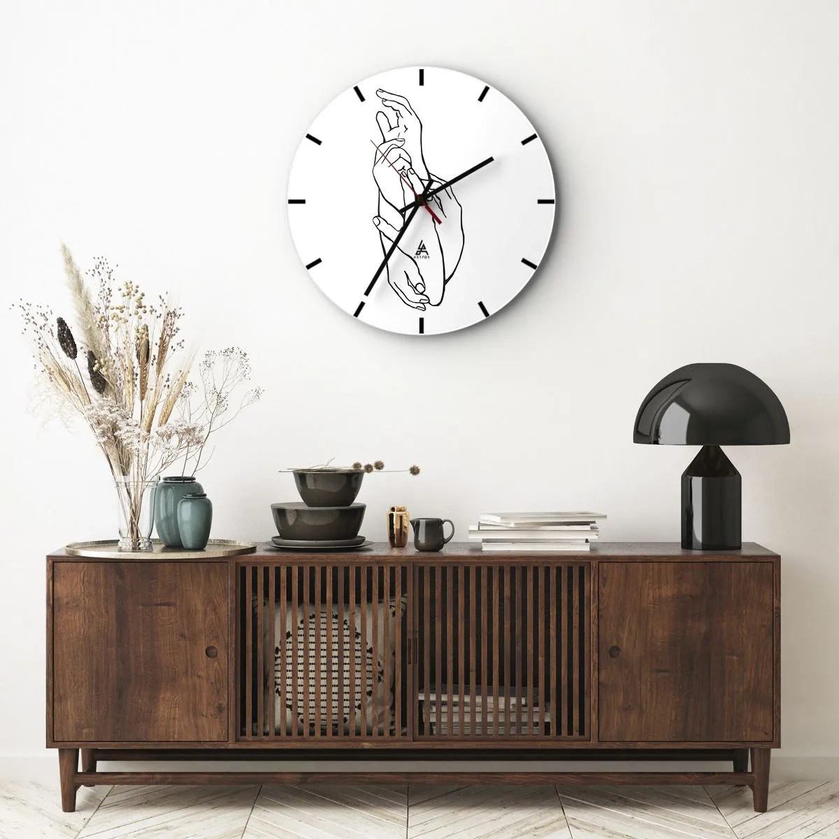 Relógio de parede - Relógio em vidro - Um esboço delicado de duas mãos entrelaçadas sobre um fundo branco - 30x30cm - Bom toque - Decoração de parede moderna para a sala de estar, cozinha e quarto ARTTOR