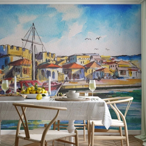 Papel de Parede Premium Canvas - Tarde de arco-íris - Porto, Iate, Beira-mar - 400x280 cm