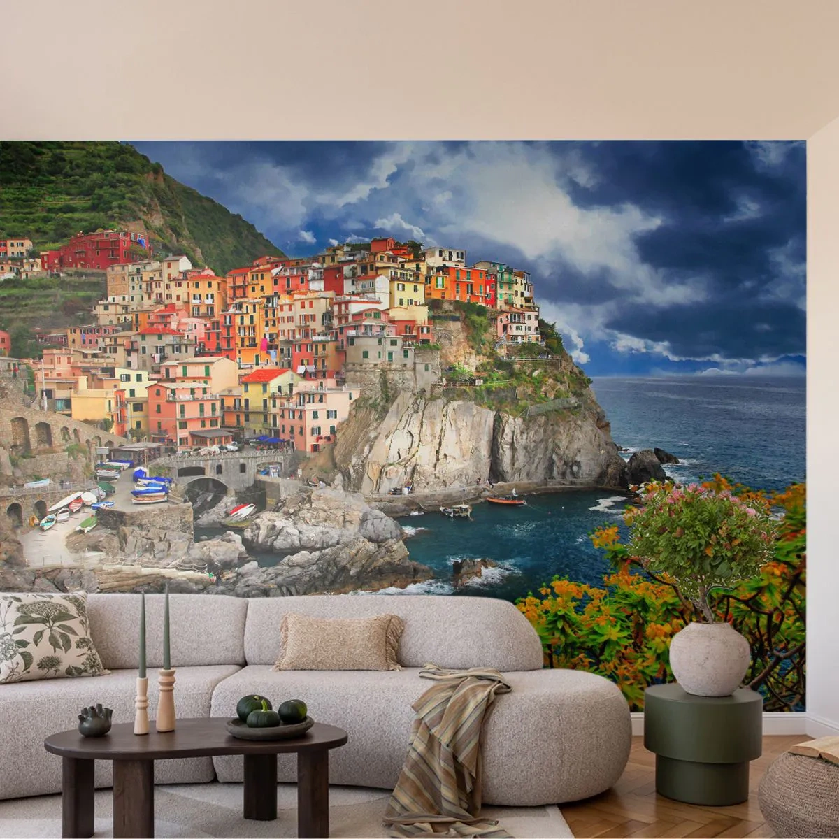 Papel de Parede Premium Sand - Um aglomerado nas rochas - Paisagem, Arquitetura, Itália - 300x210 cm