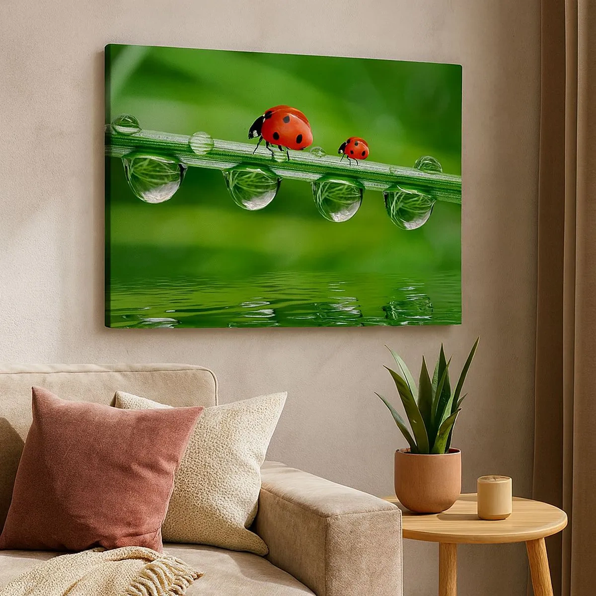 Quadro em tela - Joaninhas em uma folha de grama com gotas de orvalho em um ambiente natural - 70x50cm - Estrada do verão - Decoração de parede moderna para a sala de estar e quarto ARTTOR