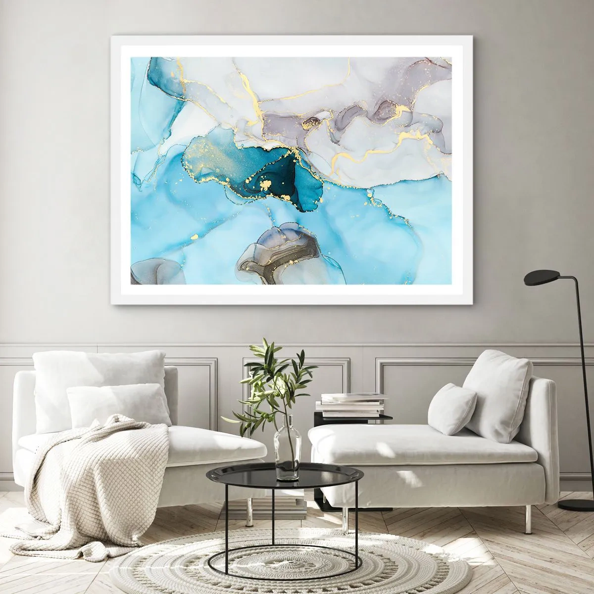 Pôster em moldura branca - Estudo do encontro do cinza e turquesa - 70x50 cm