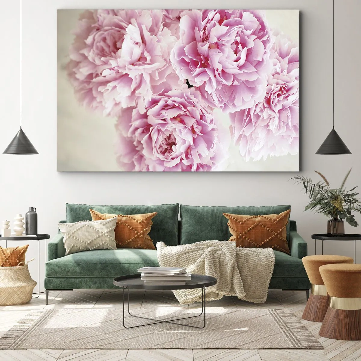 Quadro em tela - Um buquê de peônias rosa em um fundo claro - 70x50cm - Em esplendor rosa - Decoração de parede moderna para a sala de estar e quarto ARTTOR