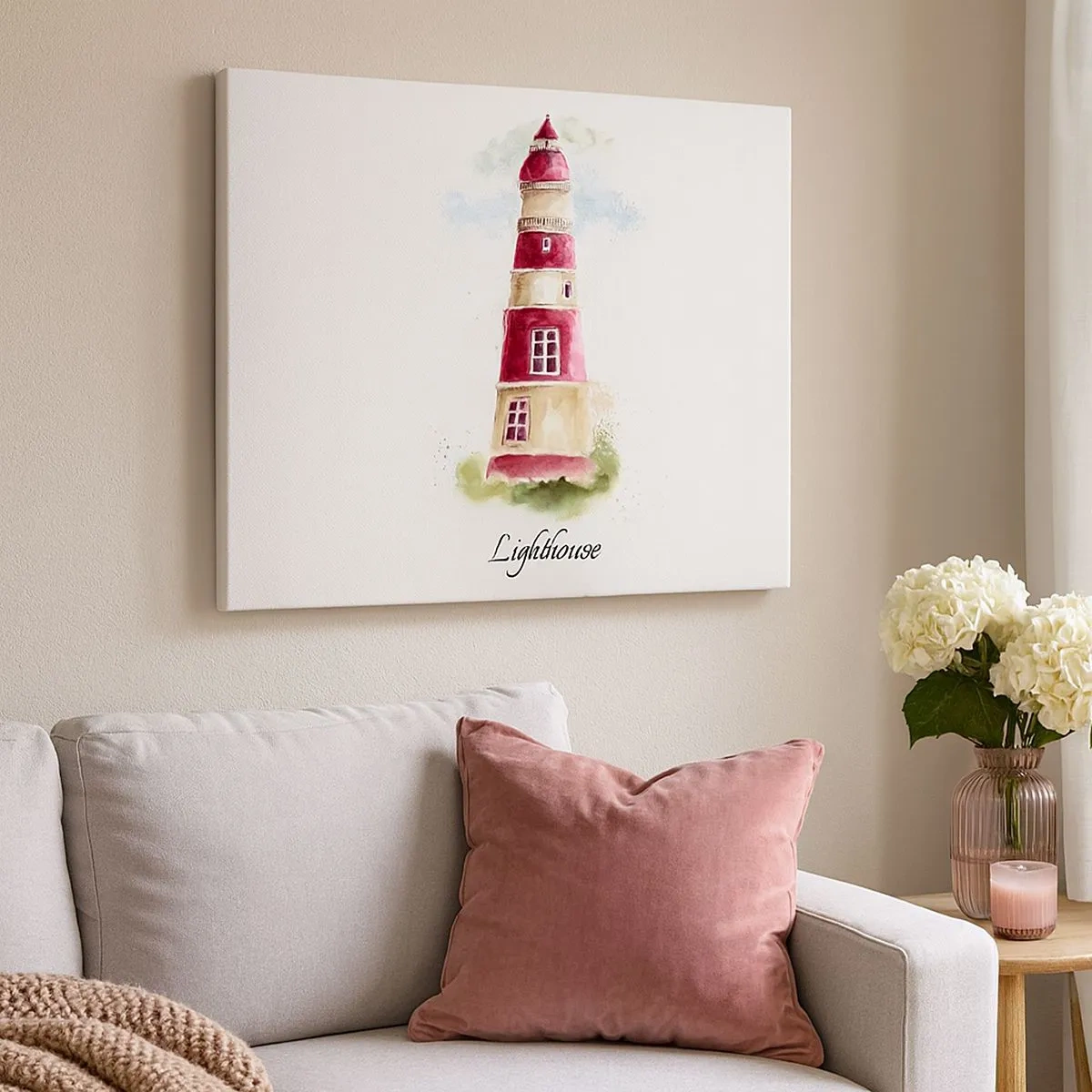 Quadro em tela - Uma pintura em aquarela de um farol sobre um fundo claro com uma inscrição - 70x50cm - Sempre há clima - Decoração de parede moderna para a sala de estar e quarto ARTTOR