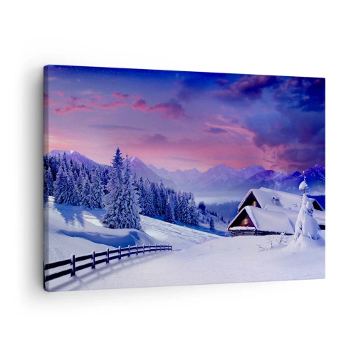 Quadro em tela - Paisagem de inverno com chalés de montanha ao pôr do sol - 70x50cm - Noite silenciosa - Decoração de parede moderna para a sala de estar e quarto ARTTOR