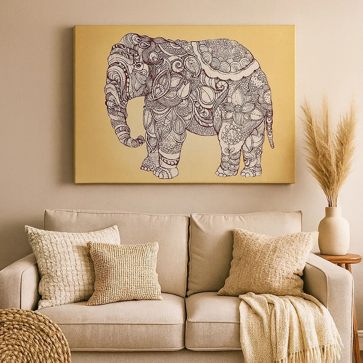 Quadro em tela - Elefante desenhado à mão com um padrão ornamentado em um fundo bege - 70x50cm - O elefante se cobriu - Decoração de parede moderna para a sala de estar e quarto ARTTOR