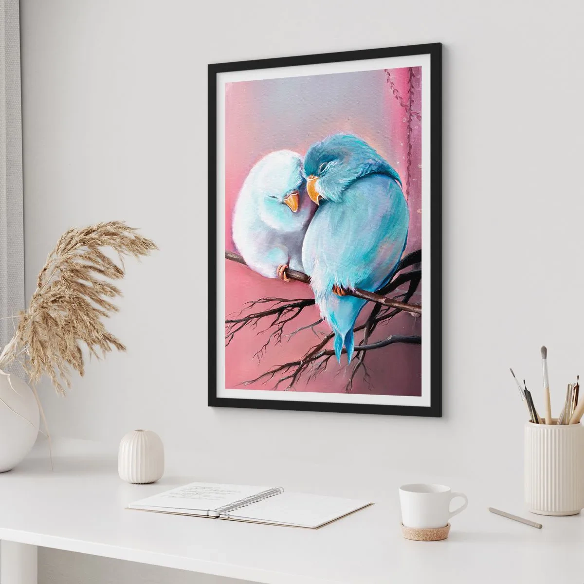 Pôster com moldura preta - Dois pássaros pousados em um galho em um ambiente romântico - 50x70cm - O que acrescentar aqui?... - Decoração de parede moderna para a sala de estar e quarto ARTTOR