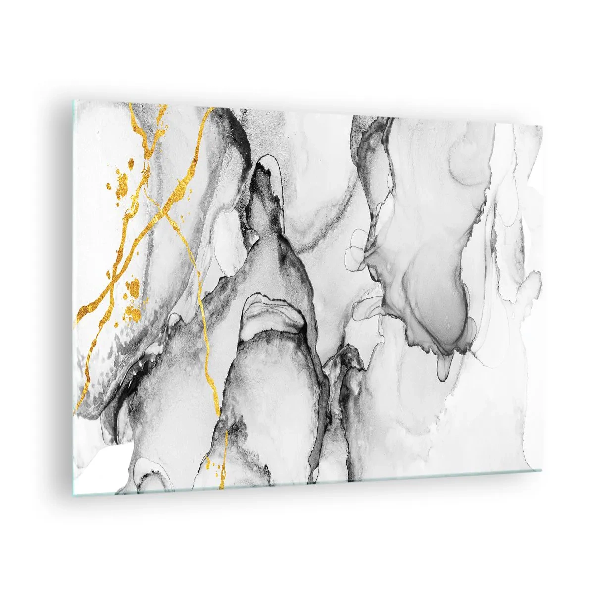Quadro em vidro - Composição abstrata em preto e branco com detalhes dourados - 70x50cm - Composição dourada - Decoração de parede moderna para a sala de estar e quarto ARTTOR