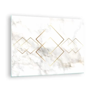 Quadro em vidro - Losangos geométricos dourados sobre fundo de mármore branco - 70x50cm - Vista ao infinito - Decoração de parede moderna para a sala de estar e quarto ARTTOR