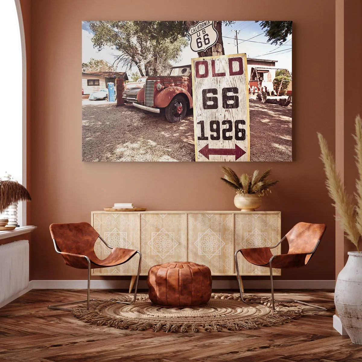 Quadro em tela - Carro retrô e placa da Rota 66 em ambiente rústico - 70x50cm - A lenda de uma província americana - Decoração de parede moderna para a sala de estar e quarto ARTTOR
