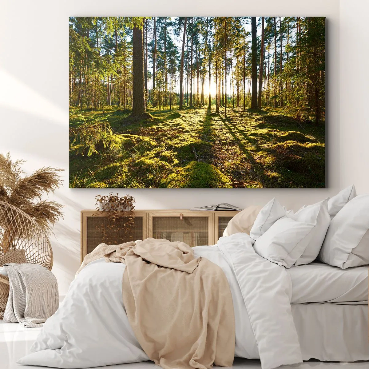 Quadro em tela - Floresta verde iluminada pela luz do sol sobre o musgo - 70x50cm - ...Além das sete florestas - Decoração de parede moderna para a sala de estar e quarto ARTTOR