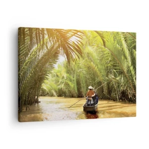 Quadro em tela - Um barco em um rio cercado por vegetação tropical - 70x50cm - Desfiladeiro das palmeiras - Decoração de parede moderna para a sala de estar e quarto ARTTOR