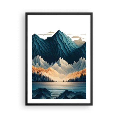 Pôster com moldura preta - Paisagem de montanha estilizada com um lago em tons de azul - 50x70cm - Paisagem montanhosa perfeita - Decoração de parede moderna para a sala de estar e quarto ARTTOR