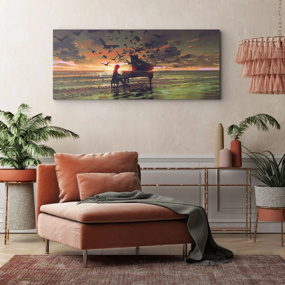 Quadro em tela - Um concerto de piano e ondas - 160x50 cm