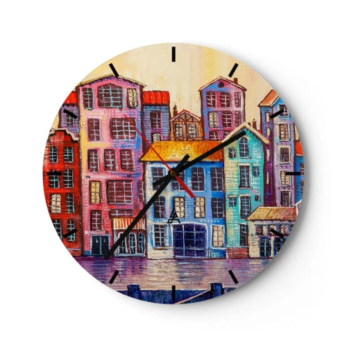 Relógio de parede - Relógio em vidro - Casas coloridas refletidas na água no estilo impressionista - 30x30cm - Uma cidade como de um conto de fadas - Decoração de parede moderna para a sala de estar, cozinha e quarto ARTTOR