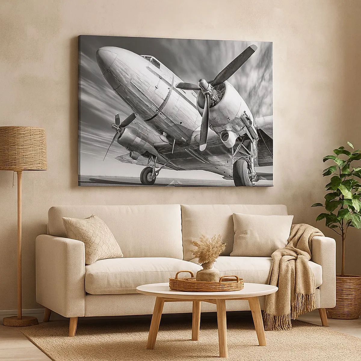 Quadro em tela - Uma imagem em preto e branco de um avião clássico com detalhes estruturais visíveis. - 70x50cm - Sempre pronto a voar - Decoração de parede moderna para a sala de estar e quarto ARTTOR