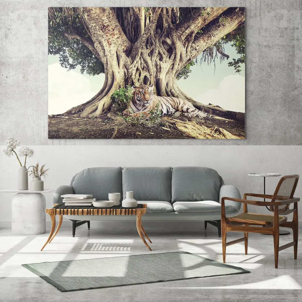 Quadro em vidro - Um tigre deitado sob uma árvore frondosa na selva - 70x50cm - Vista do livro de Gênesis - Decoração de parede moderna para a sala de estar e quarto ARTTOR