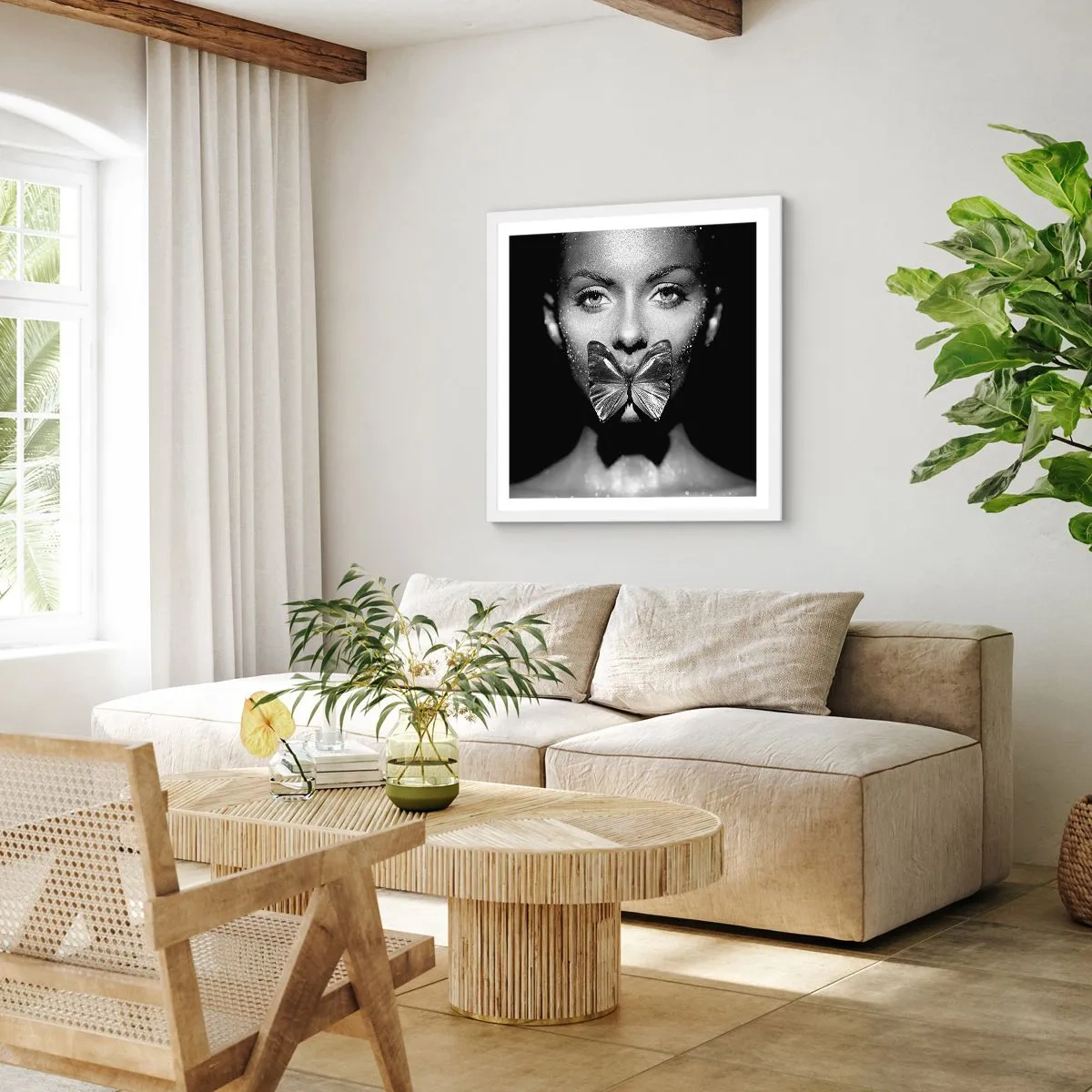 Pôster em moldura branca - O beijo da borboleta - 50x50 cm