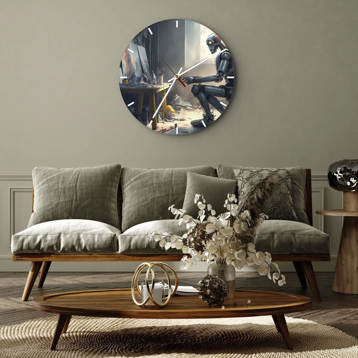Relógio de parede - Relógio em vidro - Um robô em uma mesa de pintura em um estúdio de arte - 30x30cm - O ato de criação - Decoração de parede moderna para a sala de estar, cozinha e quarto ARTTOR