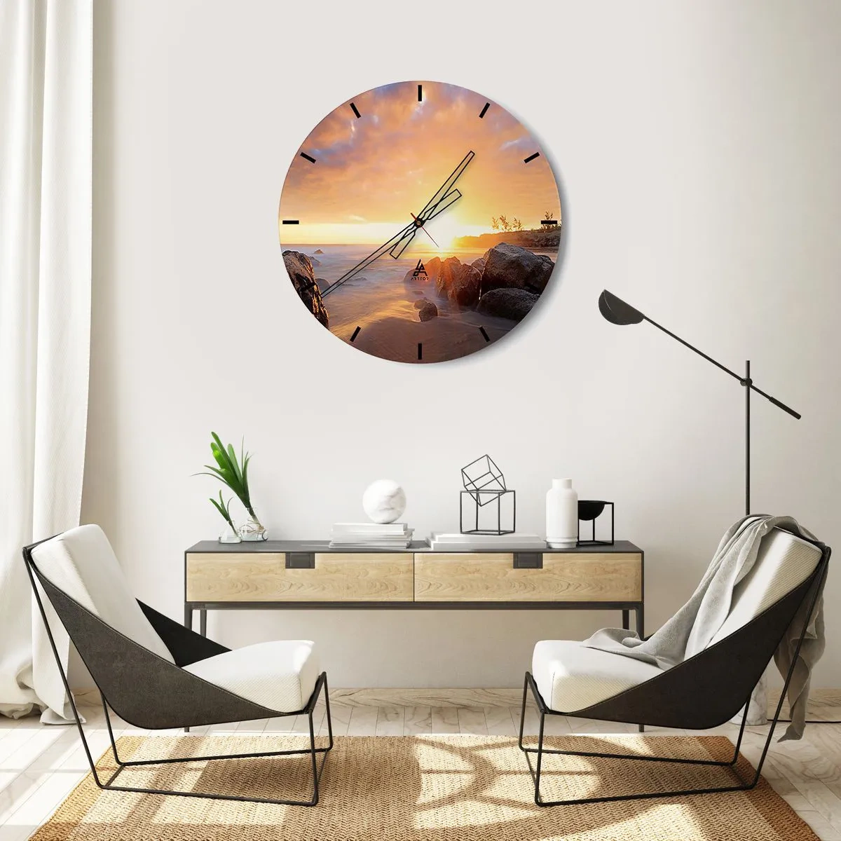 Relógio de parede - Relógio em vidro - Pôr do sol sobre o mar com pedras e luz quente - 30x30cm - A brisa luminosa da noite - Decoração de parede moderna para a sala de estar, cozinha e quarto ARTTOR