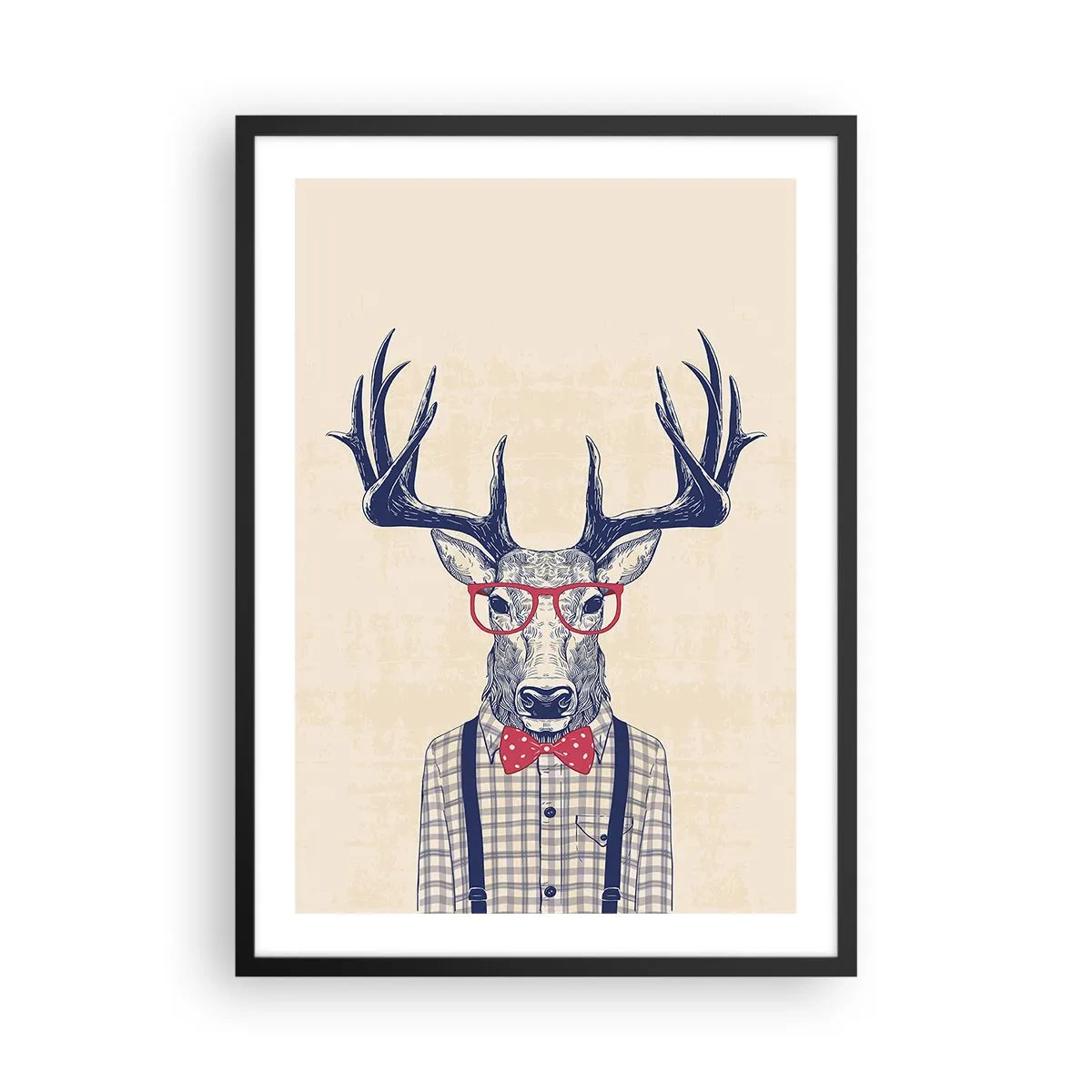 Pôster com moldura preta - Veado estiloso com óculos e gravata borboleta em fundo bege - 50x70cm - Extravagância engraçada - Decoração de parede moderna para a sala de estar e quarto ARTTOR
