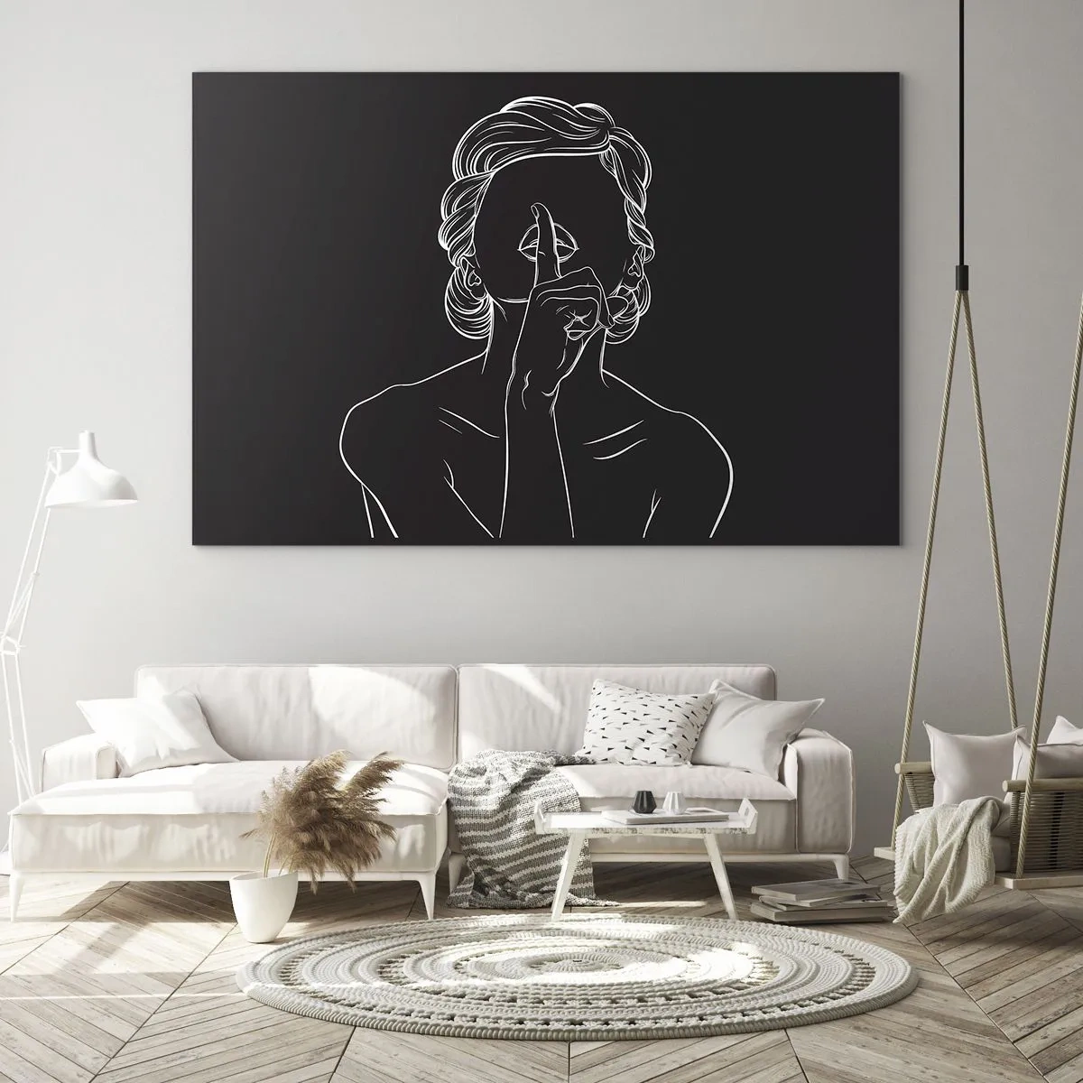 Quadro em vidro - Uma silhueta minimalista de uma mulher fazendo um gesto de silêncio. - 70x50cm - A beleza floresce em silêncio - Decoração de parede moderna para a sala de estar e quarto ARTTOR