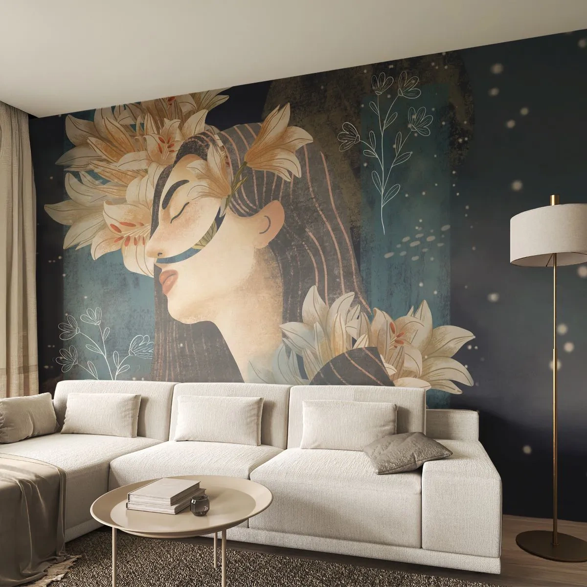 Papel de Parede Autocolante Deluxe Sticker - O conto da princesa com lírios - Abstração, Mulher, Flores - 250x175 cm