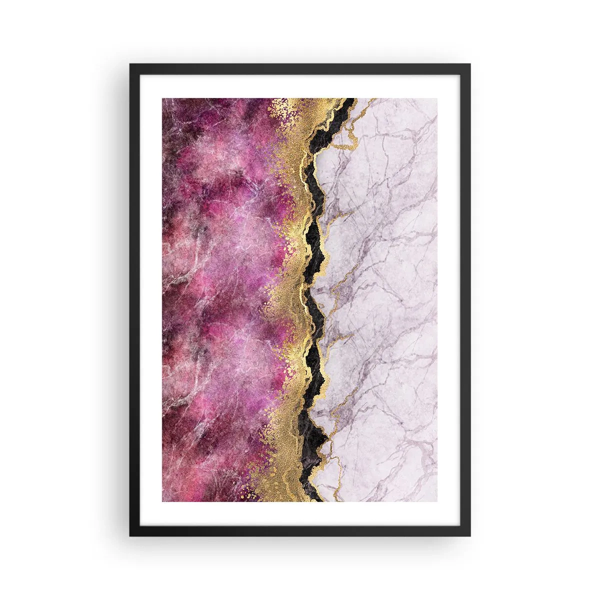 Pôster com moldura preta - Abstração com padrão de mármore e detalhes dourados - 50x70cm - Na fronteira - Decoração de parede moderna para a sala de estar e quarto ARTTOR
