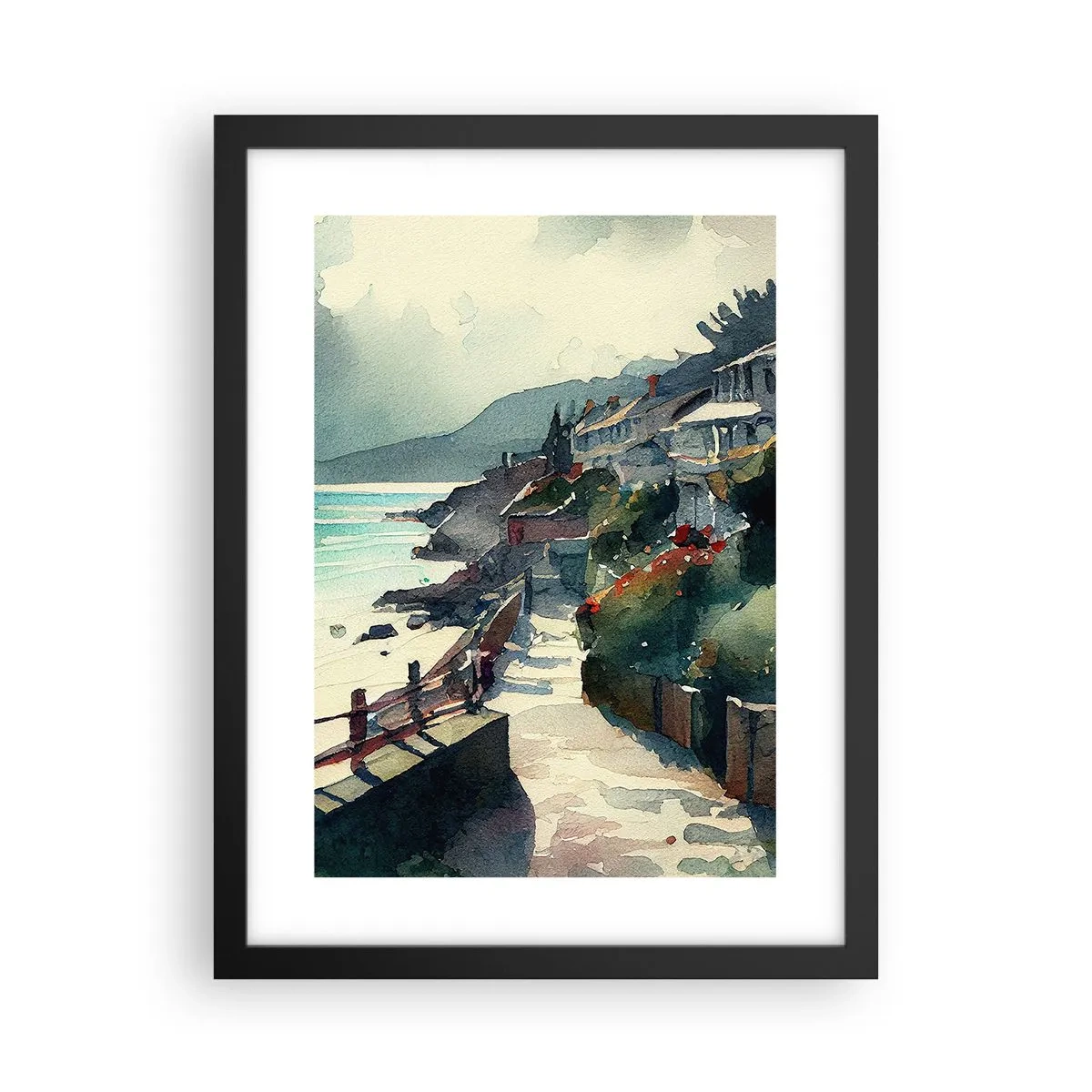 Pôster com moldura preta - Cidade mediterrânea - 30x40 cm