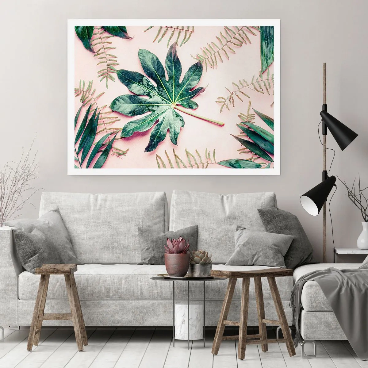 Pôster - Estudo do verde em um fundo rosa - 100x70 cm