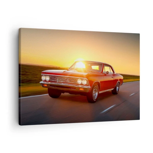 Quadro em tela - Um carro vermelho no pôr do sol em uma estrada aberta - 70x50cm - O desejo é vermelho - Decoração de parede moderna para a sala de estar e quarto ARTTOR