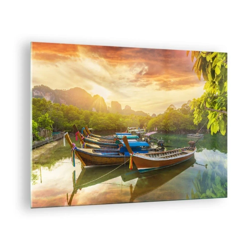 Quadro em vidro - Barcos tradicionais em uma paisagem tropical ao pôr do sol - 70x50cm - Antes de um dia agitado - Decoração de parede moderna para a sala de estar e quarto ARTTOR