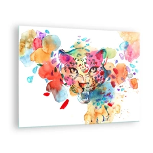 Quadro em vidro - Retrato colorido em aquarela de um leopardo - 70x50cm - A Bela e a Fera - Decoração de parede moderna para a sala de estar e quarto ARTTOR