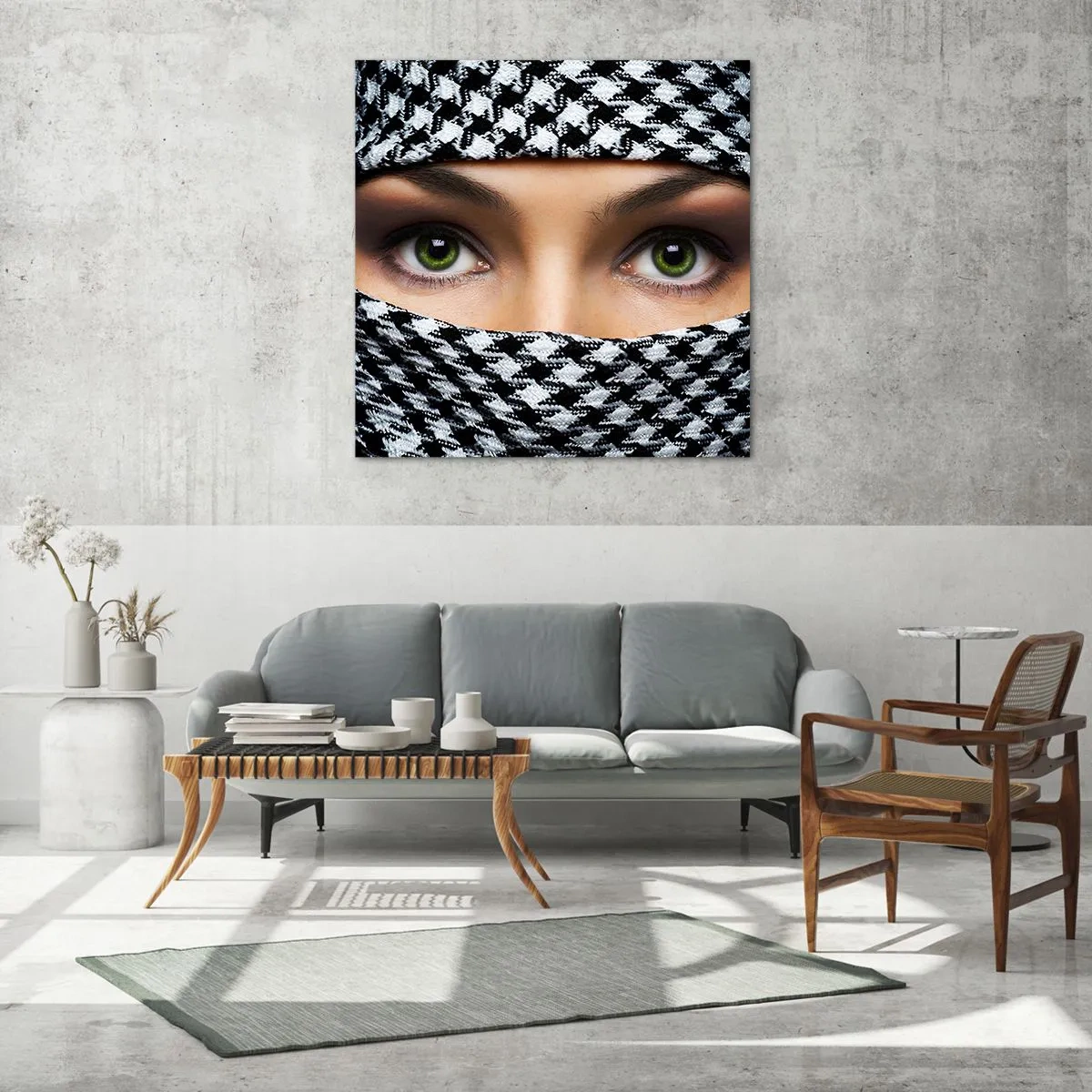 Quadro em vidro - Retrato de uma beleza velada de olhos verdes - 40x40 cm