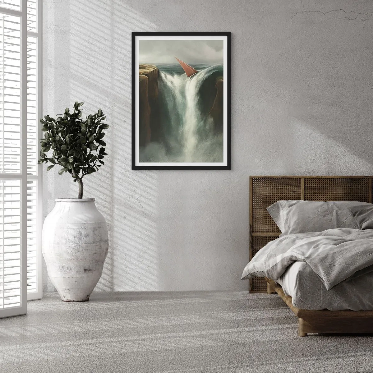 Pôster com moldura preta - Um veleiro cai sobre uma cachoeira em uma paisagem surreal. - 50x70cm - Um aviso da vida - Decoração de parede moderna para a sala de estar e quarto ARTTOR