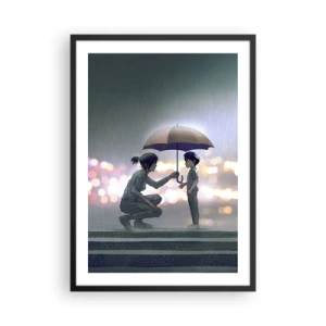 Pôster com moldura preta - Um adulto entregando um guarda-chuva a uma criança em um fundo chuvoso - 50x70cm - Está tudo bem agora - Decoração de parede moderna para a sala de estar e quarto ARTTOR