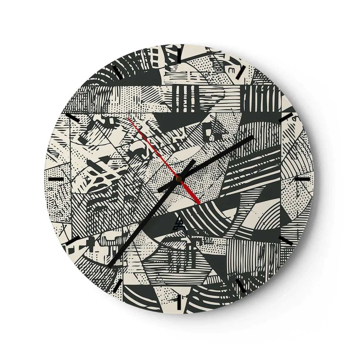 Relógio de parede - Relógio em vidro - Padrão abstrato geométrico em estilo gráfico - 30x30cm - A dinâmica do presente - Decoração de parede moderna para a sala de estar, cozinha e quarto ARTTOR