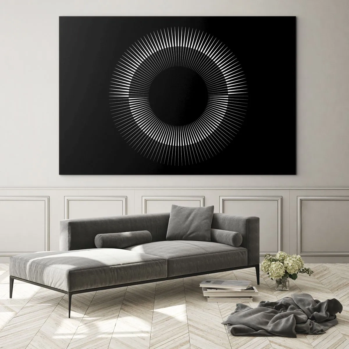 Quadro em vidro - Raios brancos formando um círculo sobre um fundo preto - 70x50cm - Sol preto - Decoração de parede moderna para a sala de estar e quarto ARTTOR