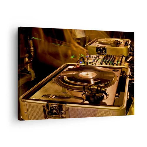 Quadro em tela - Equipamento de DJ com toca-discos e mixer durante uma festa - 70x50cm - Sente esse poder? - Decoração de parede moderna para a sala de estar e quarto ARTTOR