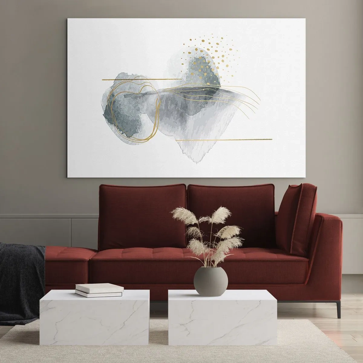 Quadro em vidro - Uma composição abstrata de cinza com detalhes dourados - 70x50cm - Sobre a relação entre o cinza e o dourado - Decoração de parede moderna para a sala de estar e quarto ARTTOR