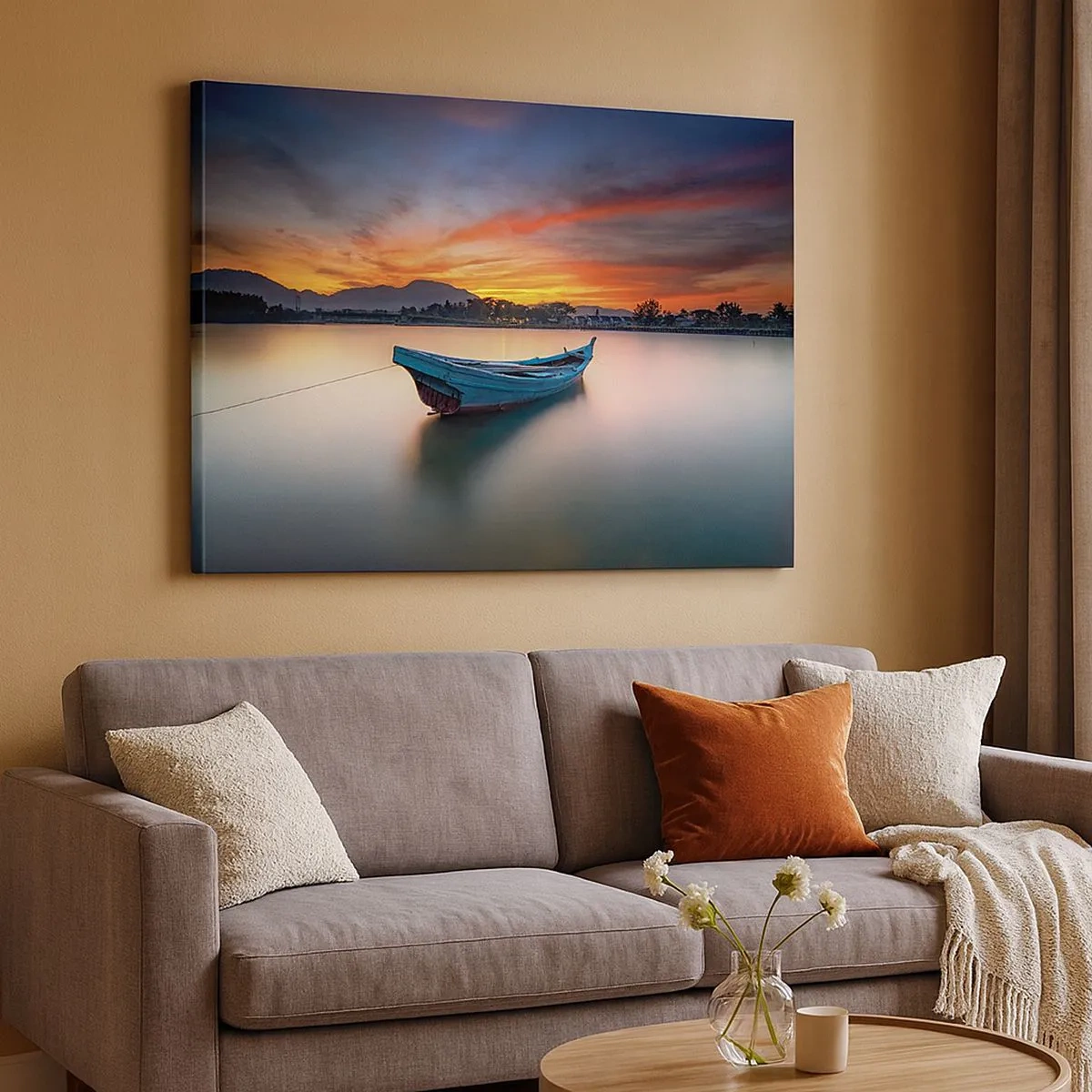 Quadro em tela - Um barco na água durante um pôr do sol pitoresco - 70x50cm - Uma boa noite se aproxima - Decoração de parede moderna para a sala de estar e quarto ARTTOR