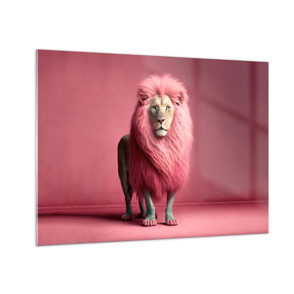 Quadro em vidro - Um leão com uma juba rosa contra uma parede pastel - 70x50cm - Não tens mais medo - Decoração de parede moderna para a sala de estar e quarto ARTTOR