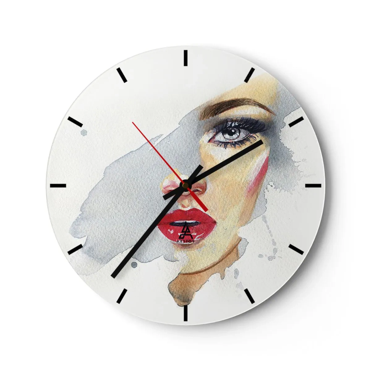 Relógio de parede - Relógio em vidro - Retrato de uma mulher em estilo aquarela sobre fundo branco - 30x30cm - Reflexão numa gota de água - Decoração de parede moderna para a sala de estar, cozinha e quarto ARTTOR