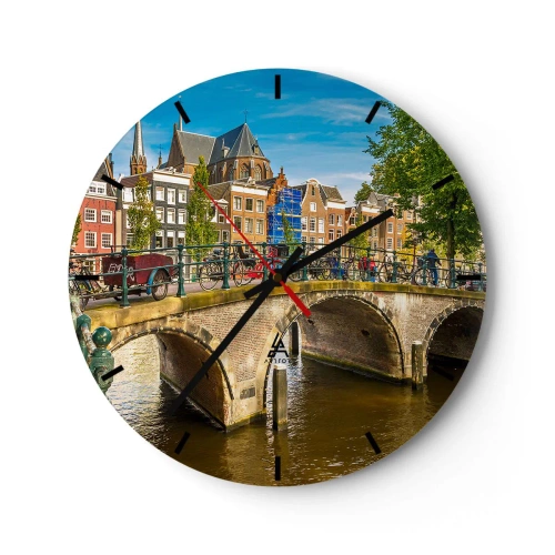 Relógio de parede - Relógio em vidro - Uma ponte pitoresca sobre o canal cercada por edifícios e bicicletas - 30x30cm - Primavera junto ao canal - Decoração de parede moderna para a sala de estar, cozinha e quarto ARTTOR