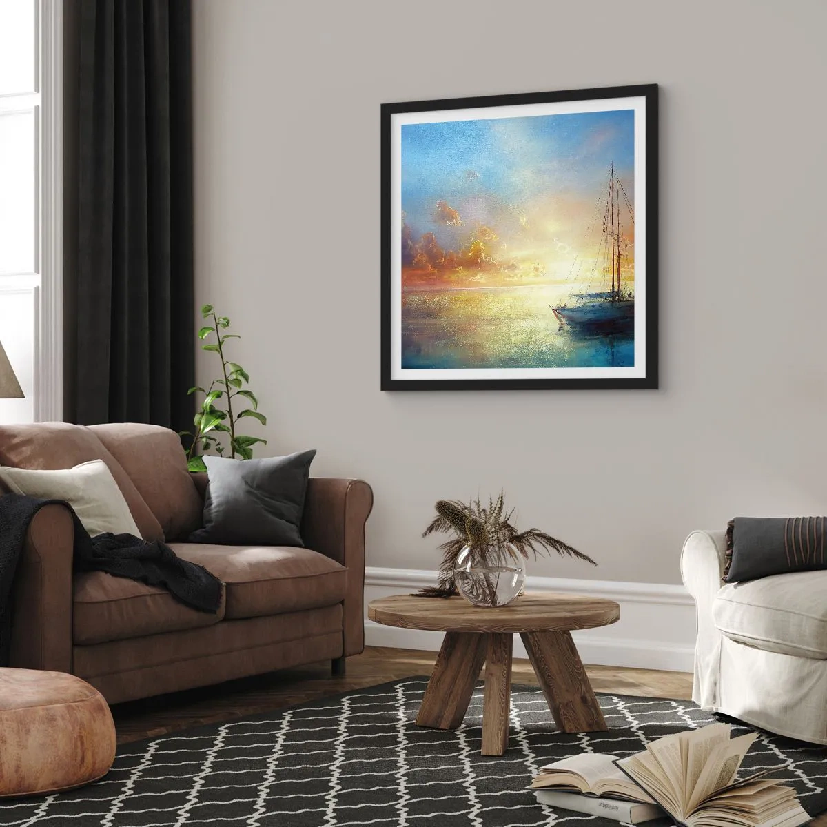 Pôster com moldura preta - Na baía dourada - 40x40 cm