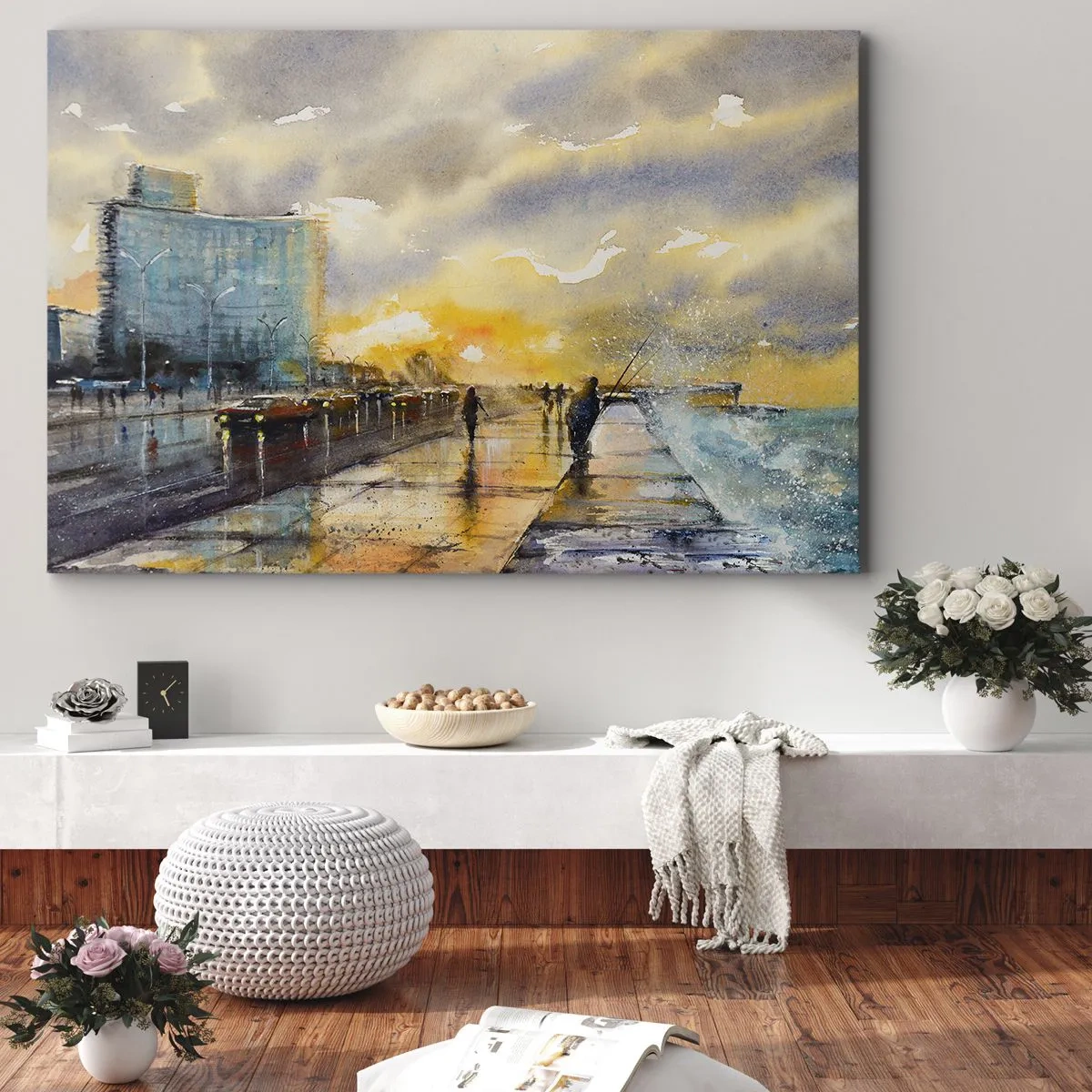 Quadro em tela - Uma vista pitoresca do calçadão à beira-mar ao pôr do sol - 70x50cm - A vida na costa - Decoração de parede moderna para a sala de estar e quarto ARTTOR